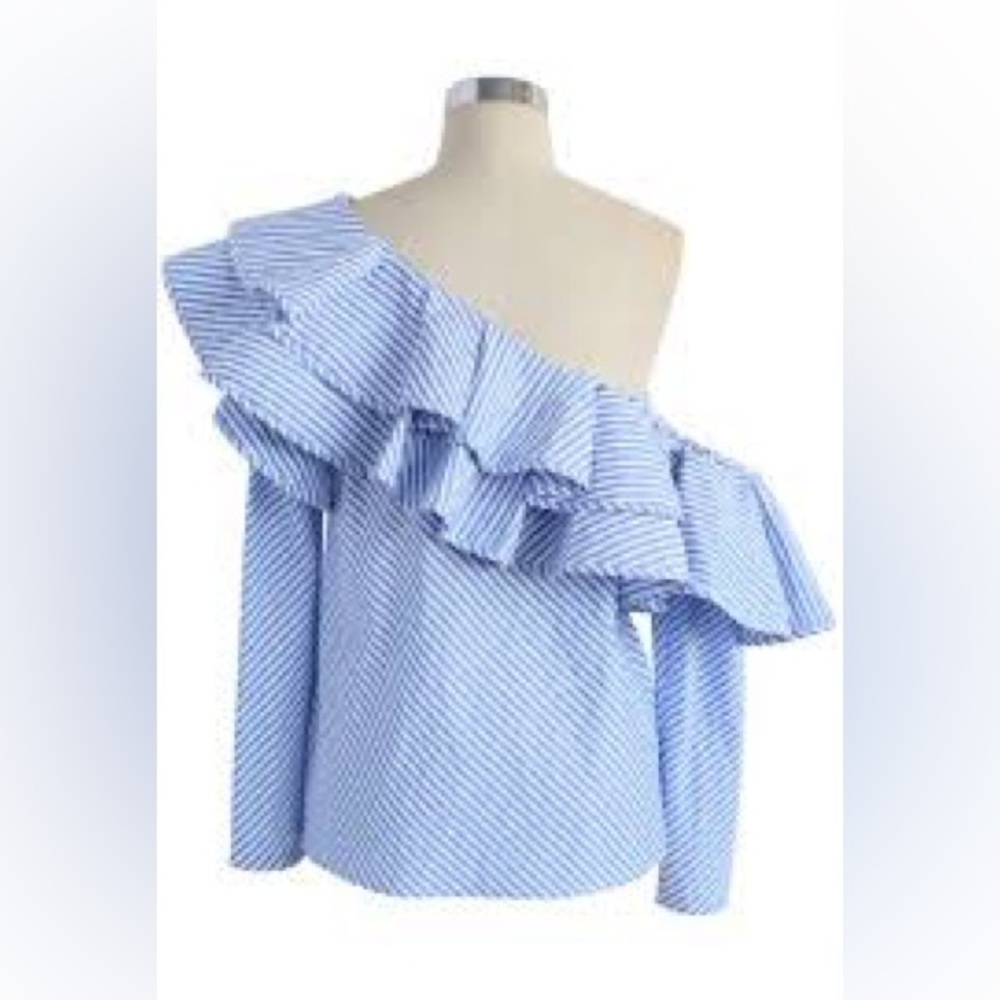 One Shoulder Blue & White Striped Ruffle Long Sleeve Top